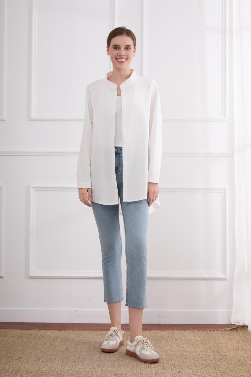 Minibee Women's Cotton Linen Shirt High Low Button Down Embroidered Blouse Long Sleeve Tunic Tops - Image 2